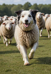  A sheepdog herding sheep across a field. 