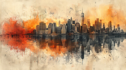 Big City Skyline: Central Color Photo Fading to Pencil Drawing. Generative AI