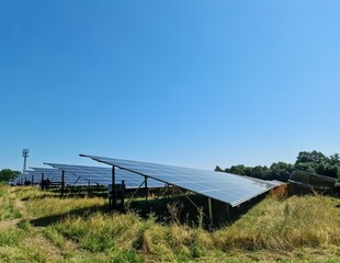Obraz premium Generating clean energy with solar modules in a big park in northern Europe