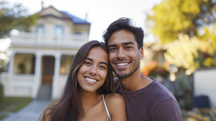 Young married Hispanic couple happy and smiling in front of their new home, first time home buyer, copy space