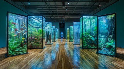 Immersive modern art gallery with vibrant digital nature displays, featuring lush greenery and scenic landscape projections.