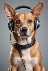  A dog wearing headphones listening to music. 