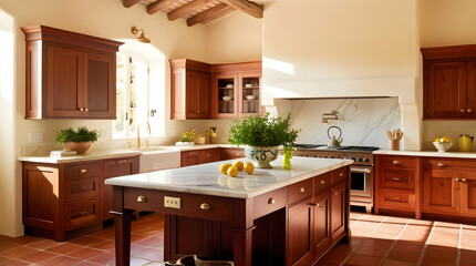 A warm and inviting Mediterranean-inspired kitchen scene captured through photography, featuring a blend of earthy tones, such as terracotta, sage green, and sandy beige, generative ai
