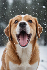  A dog catching snowflakes on its tongue during a snowfall. 