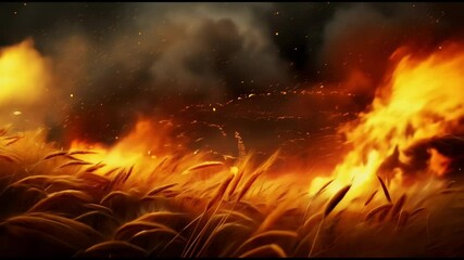 Field of wheat engulfed in flames with dark smoke, depicting a dramatic and destructive fire scene.