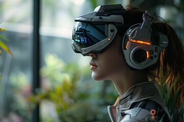 Woman wearing futuristic VR headset and headset, exploring virtual reality in a modern environment with plants in the background.