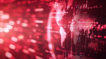 Abstract digital globe with data and global business concept background, red color theme, blurred news screen in the style of foreground