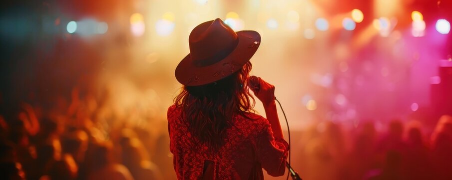 Back view of a female musician singing on stage in front of a full crowd
