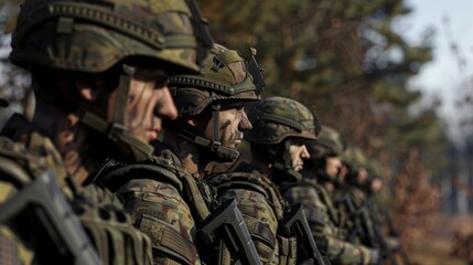 Fototapeta premium Soldiers in uniform standing in formation, showcasing military strength and discipline.
