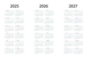 Set of Calendars 2025, 2026, 2027 years, simple design template, vertical format, week starts on Sunday, vector illustration