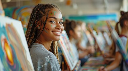 Art Lesson for Adults: Adults engaged in a group art lesson, painting on canvases with focused expressions, with ample copy space at the top for text or branding