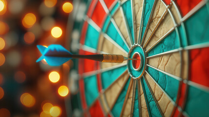 Colorful Dartboard with Bullseye Hit in Bokeh Background Lighting Effect