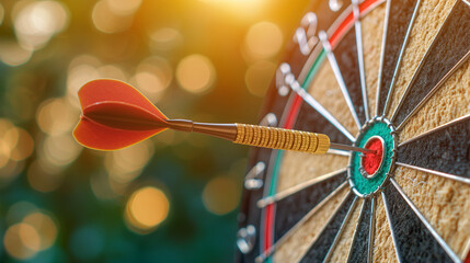 Close-up of a Dart Hitting Bullseye on Dartboard with Soft, Sunlit Background