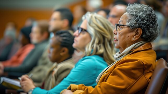 History Lecture at Community Center: Adults attending a history lecture at a community center, listening and taking notes, with ample copy space at the top for text or information
