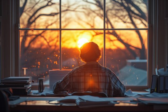 Simple minimal illustrate style of Grading Papers in Classroom: A diligent teacher grading papers at a desk in a quiet classroom, sun setting outside the window, ample copy space on a clear white