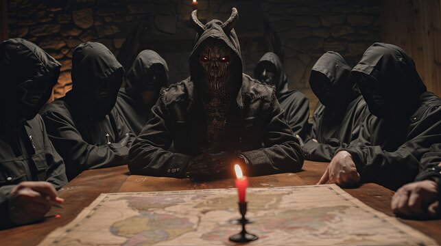 Group of people gathered around a table over a world map. A shadow government is plotting to conspire and seize power. The scene is tense and serious. Illustration for varied design.