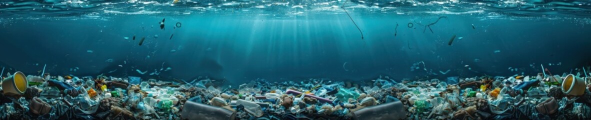 A large amount of plastic waste is floating in the ocean. Free copy space for text.