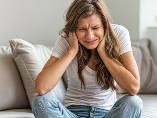 Mulher chorando, com expressão de dor e sofrimento