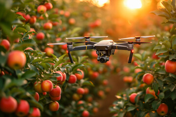 Agriculture 4.0. Flying drone among apple trees in the garden