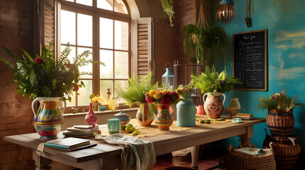 Fototapeta premium Warm and inviting bohemian kitchen scene with eclectic mix of vintage and modern elements, dimly lit by soft afternoon sunlight streaming through a large window, generative ai