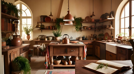 Warm and inviting bohemian kitchen scene with eclectic mix of vintage and modern elements, dimly lit by soft afternoon sunlight streaming through a large window, generative ai