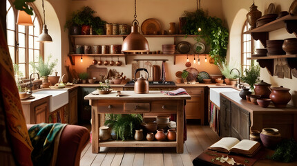 Warm and inviting bohemian kitchen scene with eclectic mix of vintage and modern elements, dimly lit by soft afternoon sunlight streaming through a large window, generative ai
