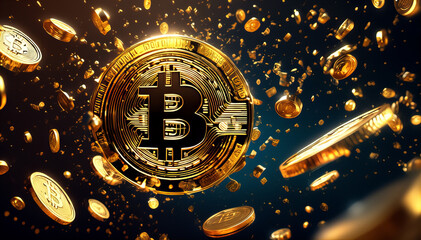 Latające złote monety, nowoczesna internetowa waluta na granatowym tle