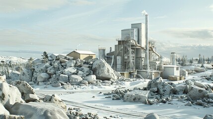 Fototapeta premium Industrial site with a large industrial building in the background and piles of rocks. Concrete, cement, gravel plant or stone crusher. Illustration for banner, poster, cover, brochure or presentation
