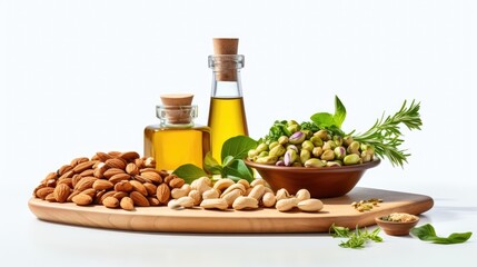 Virgin olive or nut oil in a glass bottle corked on a wooden table.  Design for cover, card, postcard, interior design, advertising, etc.