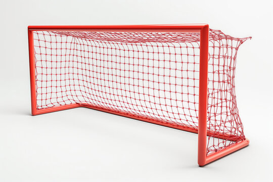 Red soccer goal isolated on white background. Football goal with red net.