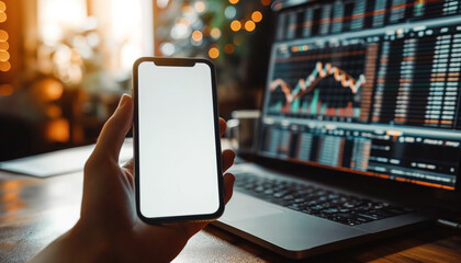 Mockup mobile phone with blank screen in hand in front of laptop with financial chart on screen.