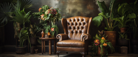 A chic bohemian armchair paired with a rustic wooden side table, set against a backdrop of botanical wallpaper for a nature-inspired retreat.