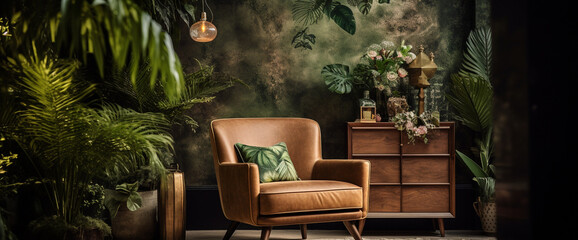 A chic bohemian armchair paired with a rustic wooden side table, set against a backdrop of botanical wallpaper for a nature-inspired retreat.