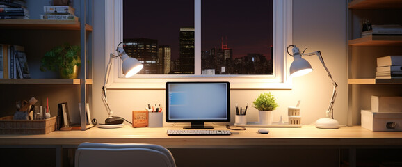 A clean, uncluttered workspace adorned with a simple white computer table. The overhead lights illuminate the room evenly, creating an ideal environment for focused work.