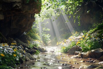 Fototapeta premium Sunlit Forest Stream with Wildflowers and Lush Greenery in a Serene Natural Setting