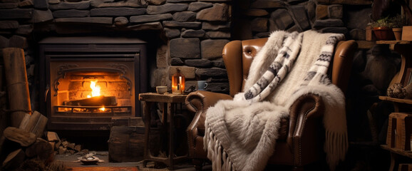 A cozy bohemian armchair nestled beside a roaring fireplace, with a stack of firewood nearby and a warm knit blanket draped over the back.