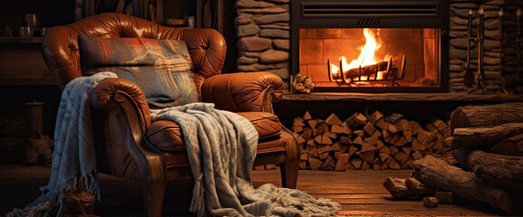 A cozy bohemian armchair nestled beside a roaring fireplace, with a stack of firewood nearby and a warm knit blanket draped over the back.