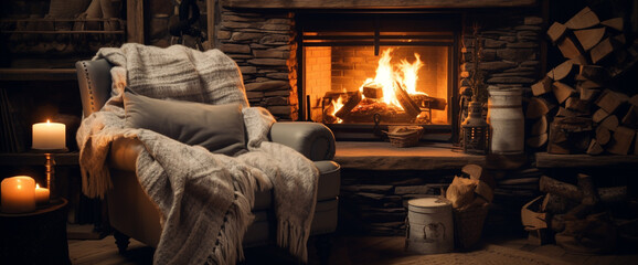A cozy bohemian armchair nestled beside a roaring fireplace, with a stack of firewood nearby and a warm knit blanket draped over the back.