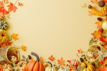 Fototapeta premium Autumn Harvest Holiday Design - Pumpkins, Basket, Leaves | Perfect for Fall Seasonal Cards, Posters, and Prints