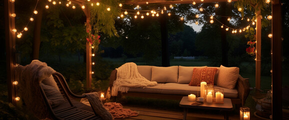 A cozy bohemian armchair positioned beneath a canopy of string lights, creating a magical outdoor seating area for stargazing and relaxation.