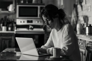 Fototapeta premium Woman Focused on Laptop at Kitchen Table