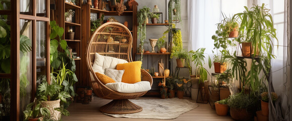 A cozy boho armchair nestled in a corner alcove, surrounded by shelves filled with plants and bohemian-inspired d?(C)cor for a nature-infused retreat.