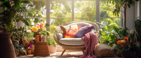 A cozy boho armchair placed next to a sunlit window, adorned with colorful throw pillows and surrounded by lush green plants.