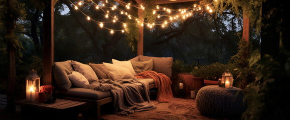 A cozy bohemian armchair positioned beneath a canopy of string lights, creating a magical outdoor seating area for stargazing and relaxation.