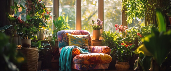 A cozy boho armchair placed next to a sunlit window, adorned with colorful throw pillows and surrounded by lush green plants.