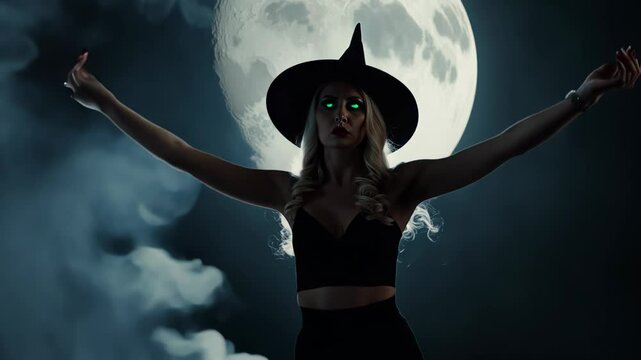 Silhouette of a witch in a pointed hat against the backdrop of a full moon surrounded by fog.
Concept: Halloween and mysticism