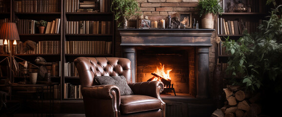 A cozy boho armchair positioned in front of a roaring fireplace, with shelves filled with books and quirky d?(C)cor adding character to the room.