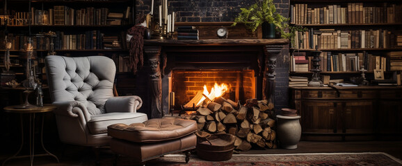 A cozy boho armchair positioned in front of a roaring fireplace, with shelves filled with books and quirky d?(C)cor adding character to the room.