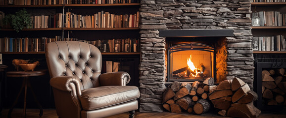 A cozy boho armchair positioned in front of a roaring fireplace, with shelves filled with books and quirky d?(C)cor adding character to the room.
