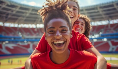 Obraz premium Joyful Children in Stadium Seats, Celebrating Win